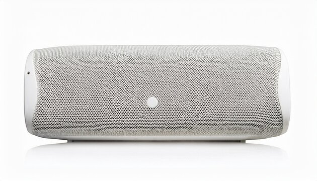 portable white wireless smart speaker with fabric mesh texture for voice assistant isolated on white background cutout