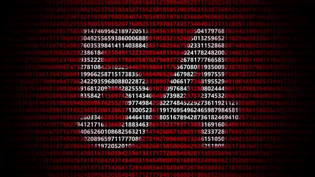 Abstract digital background featuring a 54  number shape formed by bright white numbers against a flowing red numerical stream alphabet data code technology math