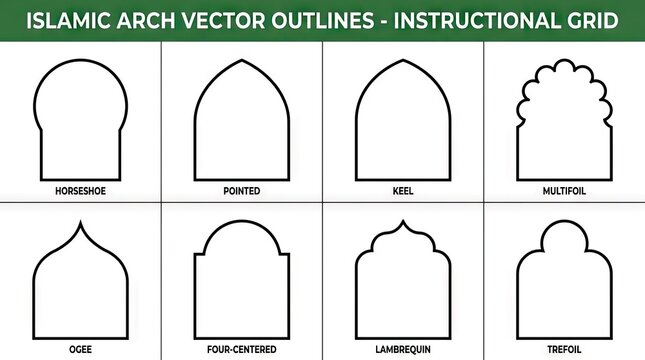 Instructional grid of eight different Islamic arch vector outlines