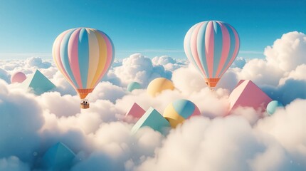 Fototapeta premium Two colourful hot air balloons float high above soft white clouds. Bright blue sky shines in background. Surreal scene features abstract pink pyramids, large spheres floating between fluffy cumulus