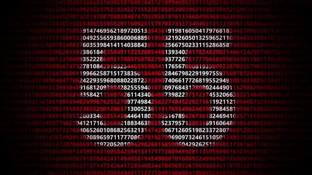 Abstract digital background featuring a 55 number shape formed by bright white numbers against a flowing red numerical stream alphabet data code technology math