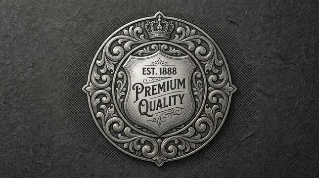 Ornate silver metal premium quality seal on dark stone.