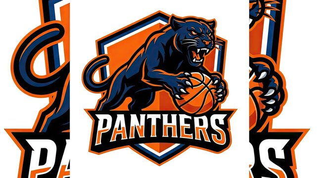 Panther mascot logo holding basketball on shield background