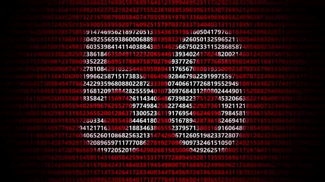 Abstract digital background featuring a 56 number shape formed by bright white numbers against a flowing red numerical stream alphabet data code technology math