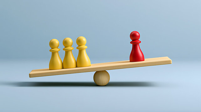 Three yellow game pieces balance against a single red piece on a wooden seesaw, symbolizing a tipping point and imbalance