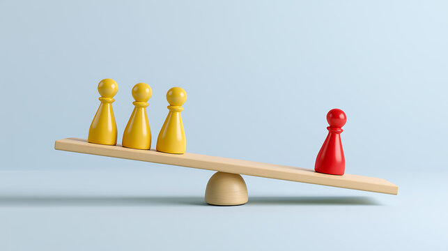 Three yellow pawns on one side of a wooden seesaw balance a single red pawn on the other, illustrating disparity and equilibrium