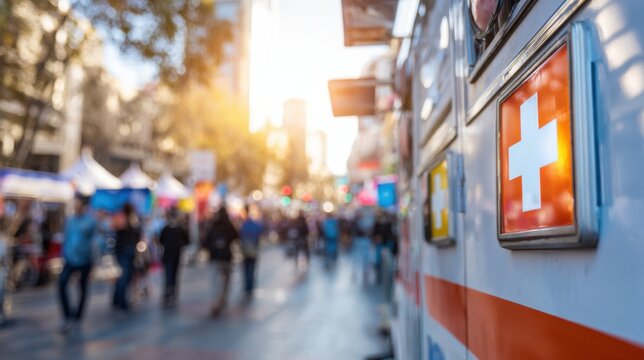 Urban mobile clinic van ready for patient care with clear signage and bustling street elements subtly blurred behind.