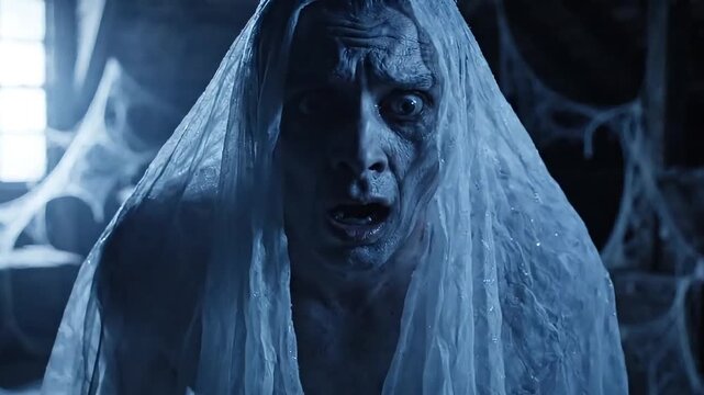 Terrifying ghost man wearing white sheet appearing in dusty attic motion video footage for horror concepts