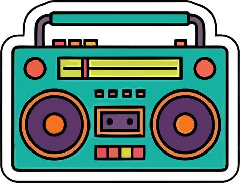 Colorful retro boombox illustration featuring a vintage cassette player design in a vibrant pop art style