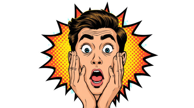 Comic style illustration featuring young man with exaggerated shocked expression against vibrant starburst background