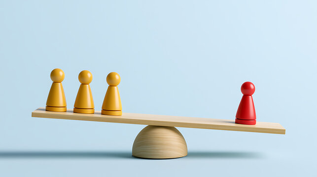 A red pawn weighs heavily against three yellow pawns on a wooden seesaw, symbolizing imbalance, unique value, and strategic advantage against multiple opponents