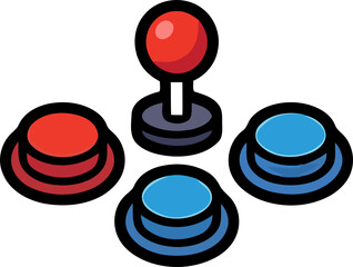 Retro arcade game controller buttons and joystick isolated on a black background in a simple pixel art style © Manir