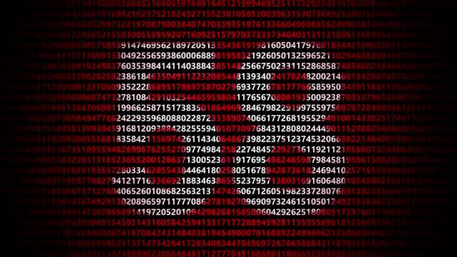 Abstract digital background featuring a 58 number shape formed by bright white numbers against a flowing red numerical stream alphabet data code technology math