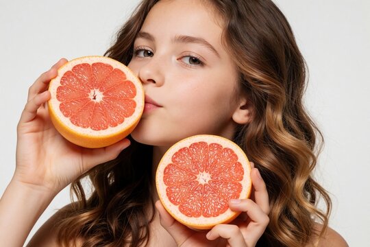 Young girl holds two sliced pink grapefruit halves near face. Female teenager poses with citrus fruit on white background. Happy child smiles eating natural food. Beauty model enjoys fresh diet snack