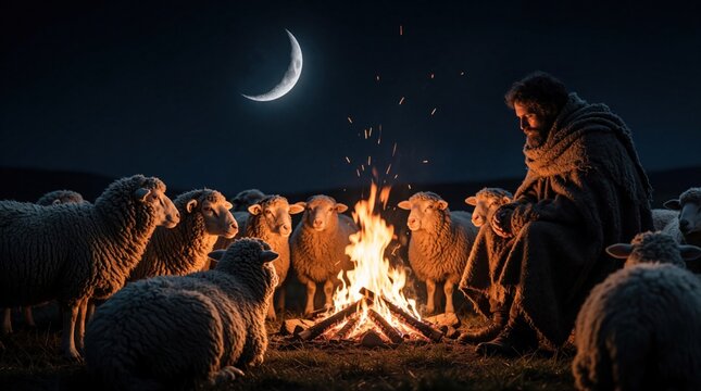 Bearded man in cloak sits near warm bonfire with flock of sheep. Rural shepherd guards fluffy livestock on dark pasture field during peaceful night. Bright campfire sparks fly towards crescent moon