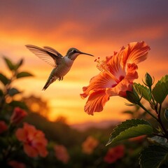 Fototapeta premium Tiny hummingbird hovers near bright orange hibiscus flower at sunset. Bird drinks nectar with long beak. Warm sky glows with orange and yellow hues. Nature wildlife scene.