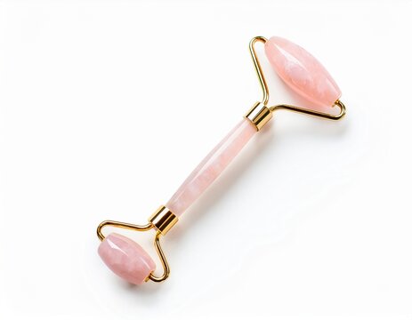 pink rose quartz facial roller with gold metal frame for skin care massage and lymphatic drainage isolated on white background