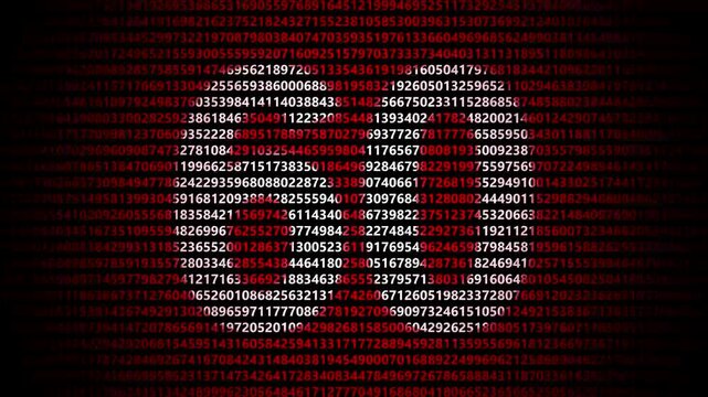 Abstract digital background featuring a 60 number shape formed by bright white numbers against a flowing red numerical stream alphabet data code technology math
