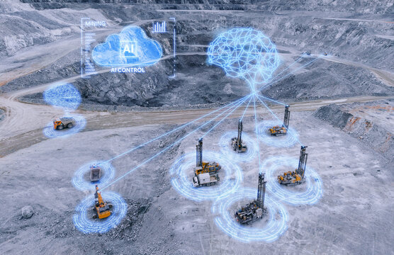 Open pit mining site with ai assistant cloud control and connected drilling rigs for remote monitoring background and industrial automation visualization, aerial view