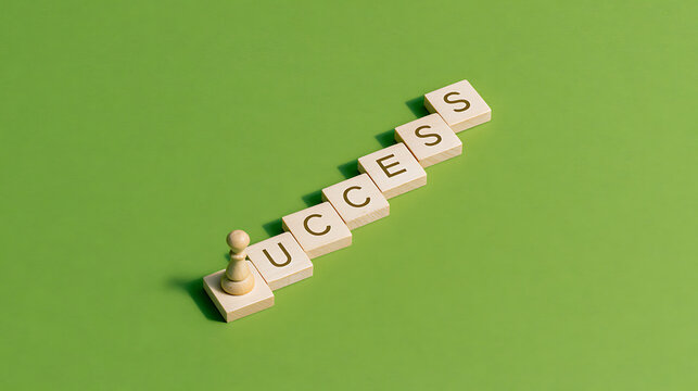 Conceptual image of success with a chess piece pawn ascending scrabble tiles spelling 'SUCCESS' on a vibrant green background, symbolizing progress and achievement