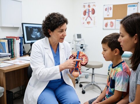 Friendly female doctor showing a kidney model to a young boy and his mother during a medical consultation in a bright clinic office