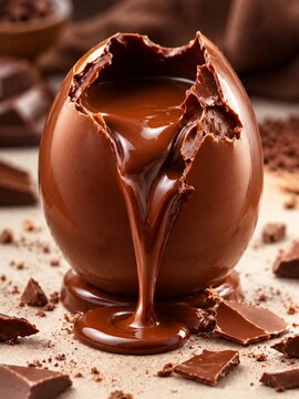 Cracked Chocolate Egg Filled with Melting Liquid Chocolate