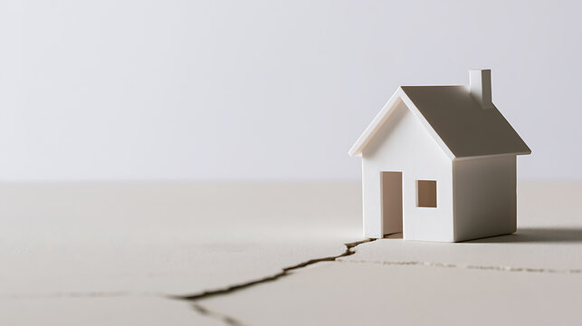 Small model house stands precariously on a cracked surface, symbolizing vulnerability and risk in real estate, finance, or natural disaster scenarios