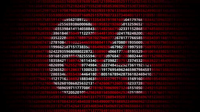 Abstract digital background featuring a 64 number shape formed by bright white numbers against a flowing red numerical stream alphabet data code technology math