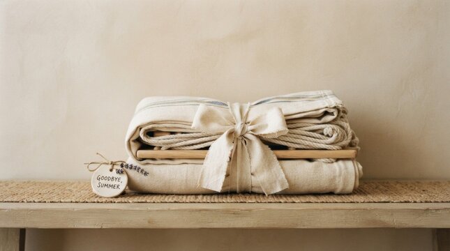 Stack of folded natural linen textiles tied with ribbon and tag for seasonal home decor and neutral fabric background design