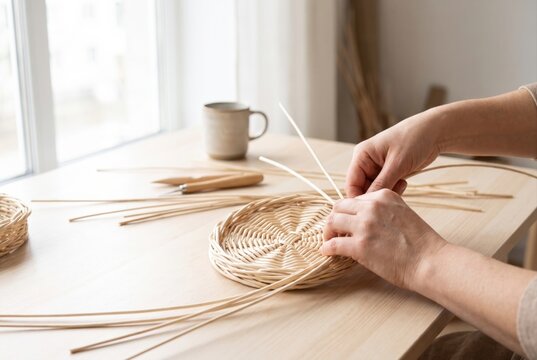 Hands weaving long light colored rattan reeds to create the round base of a handmade basket