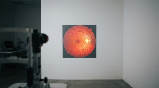 Projected human retinal fundus image on clinic wall with ophthalmic equipment for medical background and diagnostic presentation