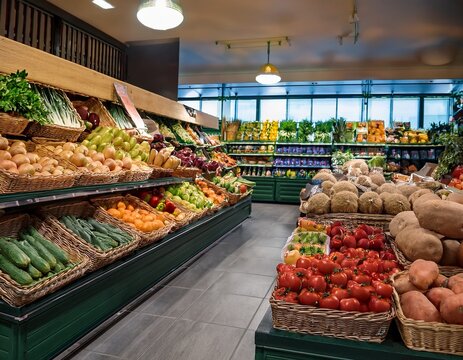 fresh fruits and vegetables arranged in colorful displays at grocery store creating vibrant shopping experience
