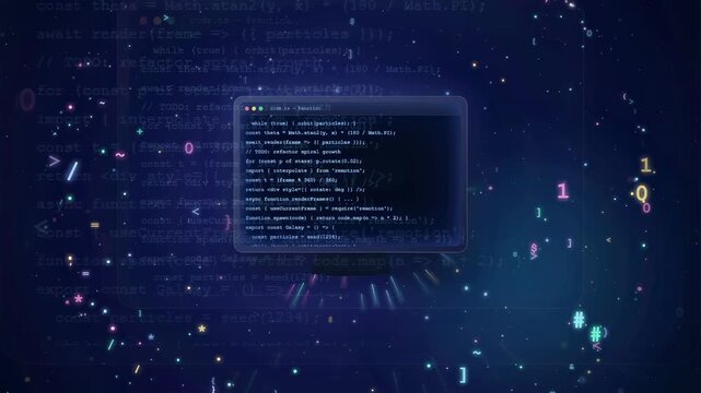 Abstract digital background with floating computer code and binary data particles in deep blue space