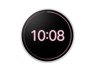 Fototapeta premium Round digital clock showing time 10:08 with pink LED on a white background.