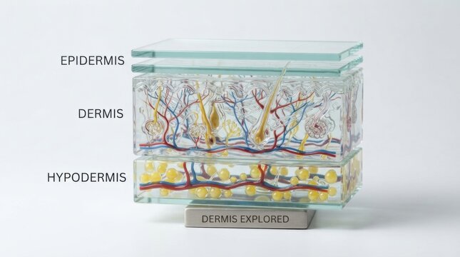 Three layer skin cross section model showing epidermis dermis and hypodermis labeled for dermatology background or educational display