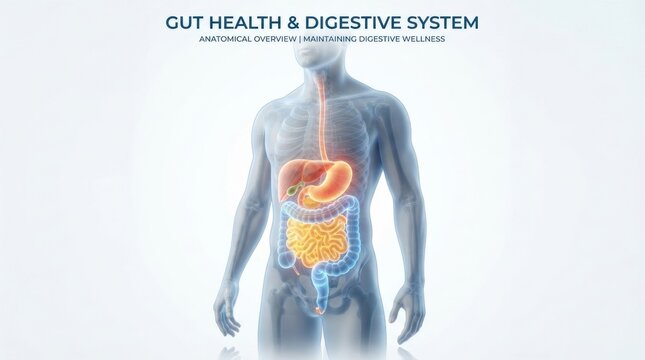 Gut health and digestive system anatomical illustration highlighting stomach and intestines for wellness education background and poster
