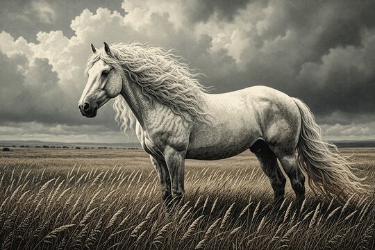 Majestic white horse with long flowing mane stands in tall grass field. Beautiful animal poses under dramatic overcast sky on prairie. Artistic monochrome illustration shows powerful stallion in