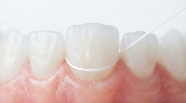 Closeup dental floss cleaning between front teeth and gums for oral hygiene background and dental care poster