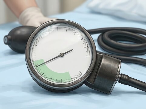 Manual blood pressure gauge resting on medical bedding with professional healthcare worker hand visible nearby with hospital fabric gloved monitor resting light