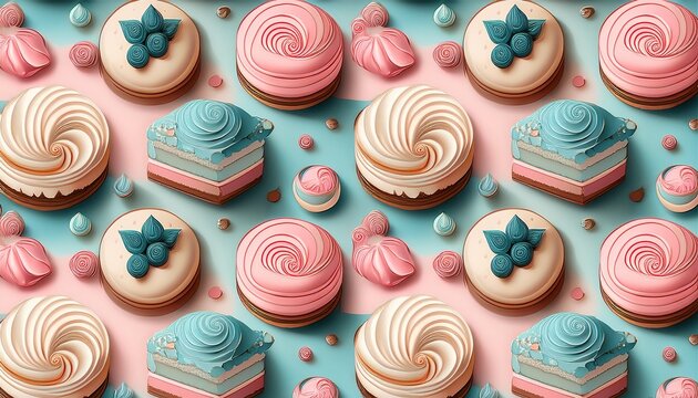 pattern of dessert cakes and pastries in modern organic style with pastel pink blue and cream colors