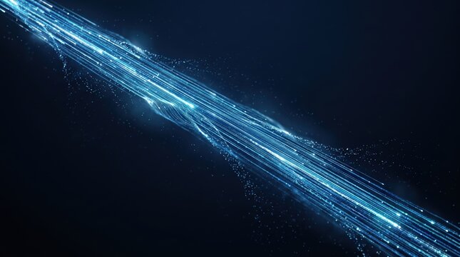 Blue light streaks arc through dark background, forming futuristic abstract ribbon of energy with glowing curves, dynamic movement, neon radiance, and sleek digital atmosphere