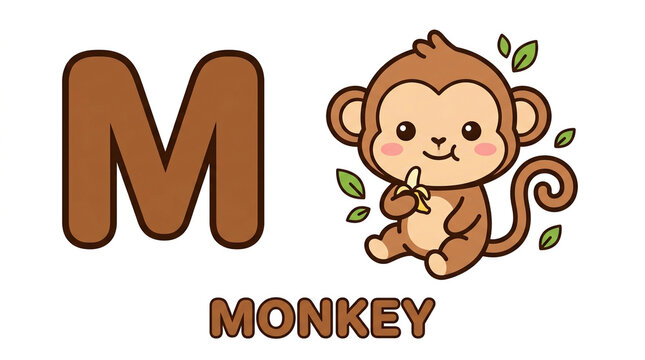 Cute Alphabet Letter M and Monkey Cartoon Vector
