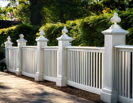 elegant white fence with decorative posts and balusters perfect for enhancing outdoor spaces and gardens