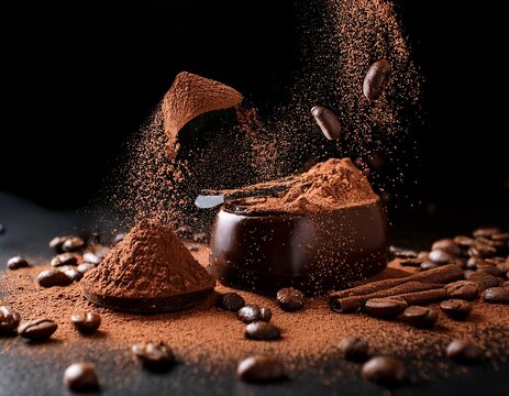 rich chocolate splashes with cocoa powder and coffee beans creating delightful and indulgent scene