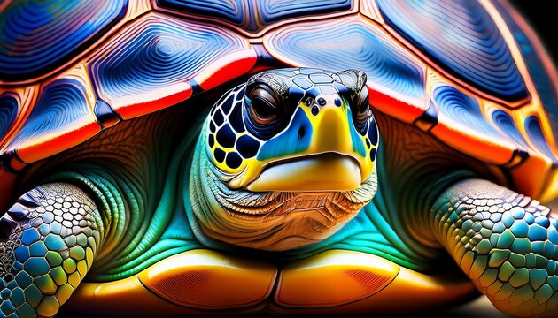 backgrounof close up of a vibrant turtle with intricate shell patterns and a curious expression