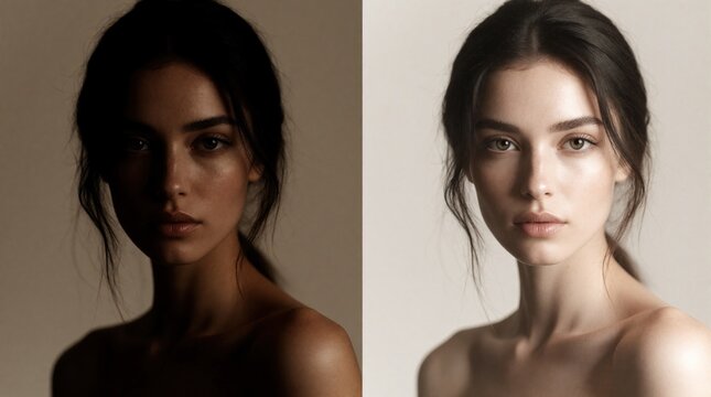 Split portrait shows woman with contrasting light and dark skin tones. Studio lighting highlights facial features and smooth complexion. Beauty comparison for editing inspiration.