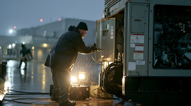 Industrial worker focus on generator maintenance in pouring rain during dark night, ensuring essential power in challenging outdoor conditions