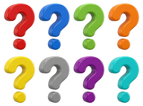 Eight vibrant 3D question marks in various colors arranged neatly in rows. Ideal for concepts of questioning, uncertainty, and diversity.