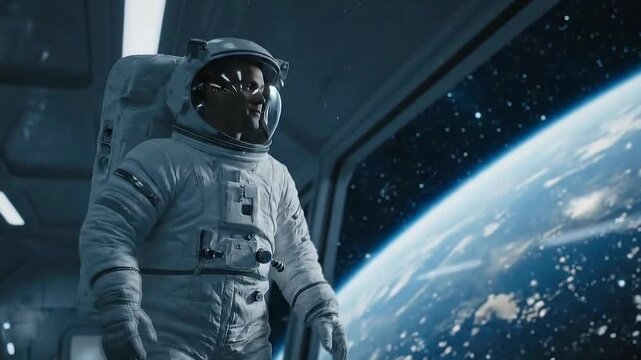Astronaut floating inside a spaceship orbiting Earth