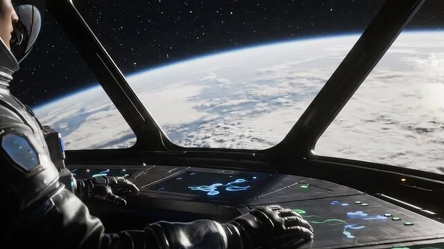 Astronaut piloting a spaceship overlooking planet Earth